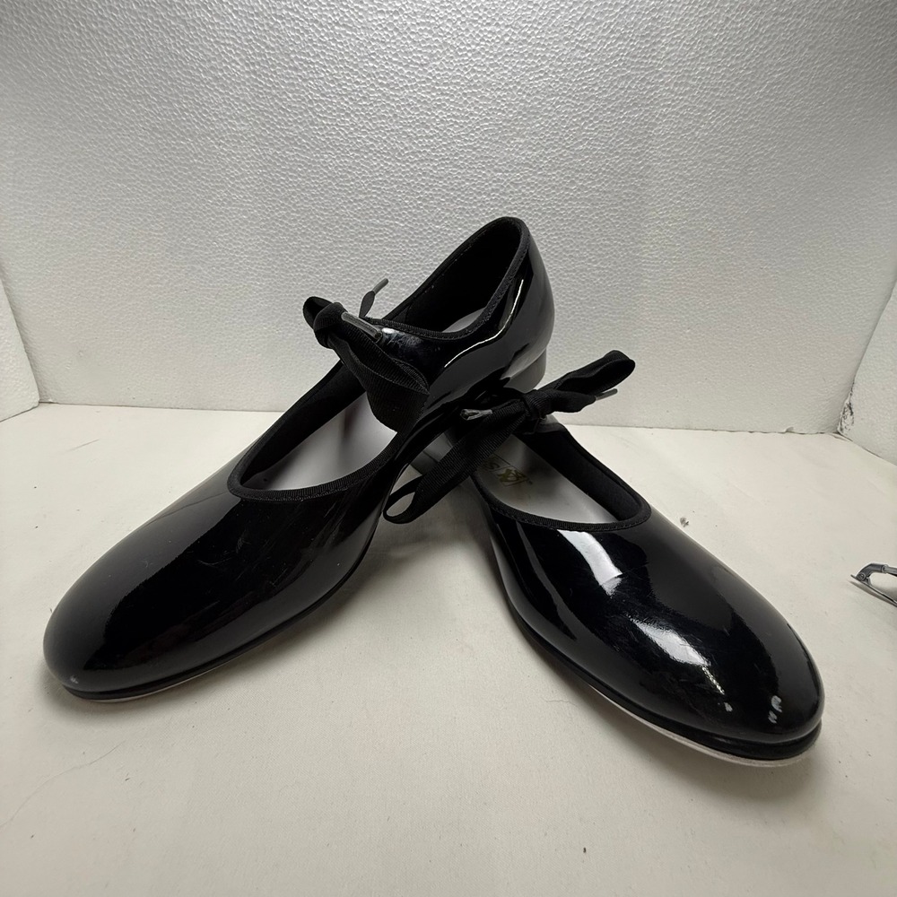 Capezio Tap Shoes Womens 8 Black Patent Mary Jane Ribbon Tie Dance